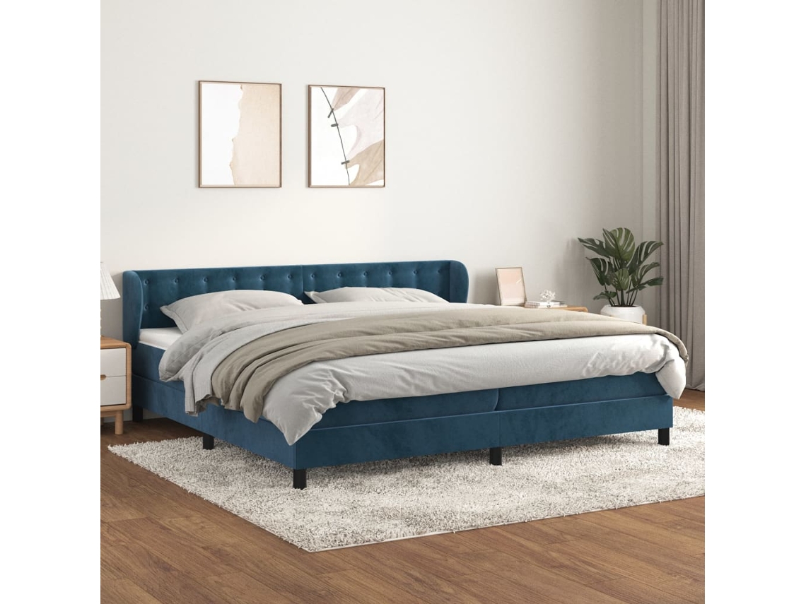 Cama Com Molas/colchão 200x200 Cm Veludo Azul-escuro