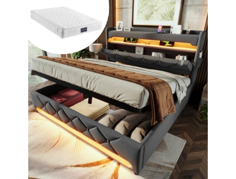 Cama Box Casal 160x200 Cm Com Led 360°, Cabeceira Com Armazenamento E Portas Usb, Estrutura De Metal, Veludo, Cinza (com Colchão)