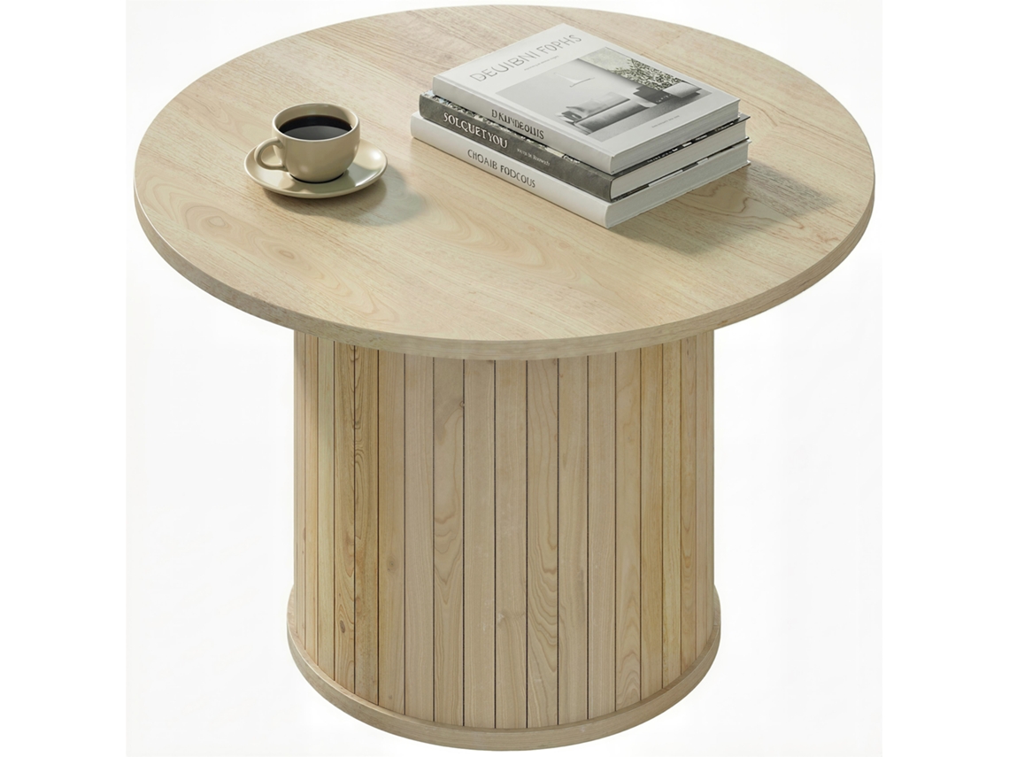 Mesa De Centro Redonda Com Base Em Coluna Ripada, Cor Natural, Para Sala De Estar E Quarto, 60 X 40 Cm