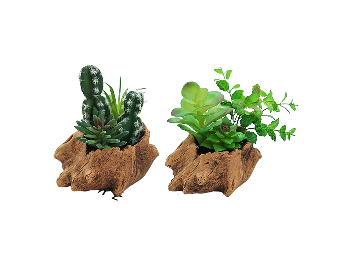 2 Peças de Plantas Suculentas Simuladas em Vaso Ornamentos Criativos Pilhas de Madeira e Vasos de Cimento NEVEANCE