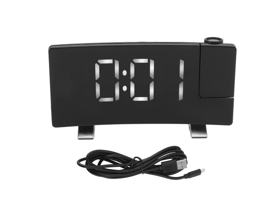 Despertador Com Projeção De Rádio, Display Led, Relógio Eletrônico, Tela Curva, Despertador Digital, Corpo Preto, Letras Brancas Slowmoose