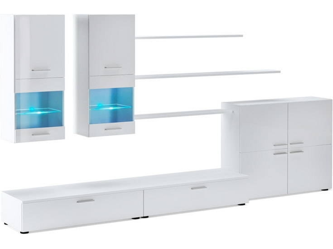 Mobiliário Moderno De Sala De Jantar, Sala De Estar Com Luzes Led, Acabamento Em Laca Branca Brilhante E Branco Mate, 300x42x189cm