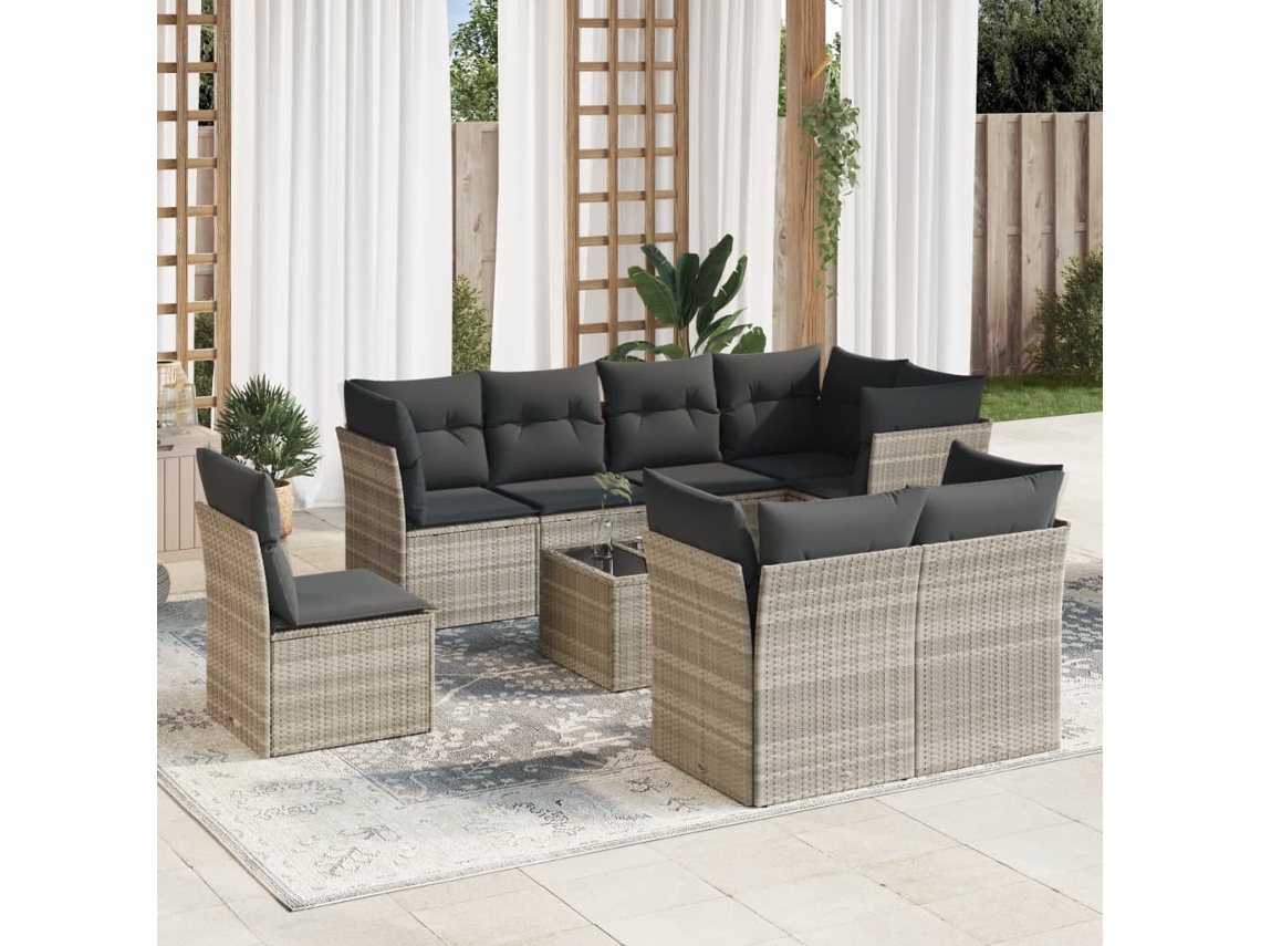 Vidaxl 9 Pcs Conj. Sofás Jardim Com Almofadões Vime Pe Cinzento-claro