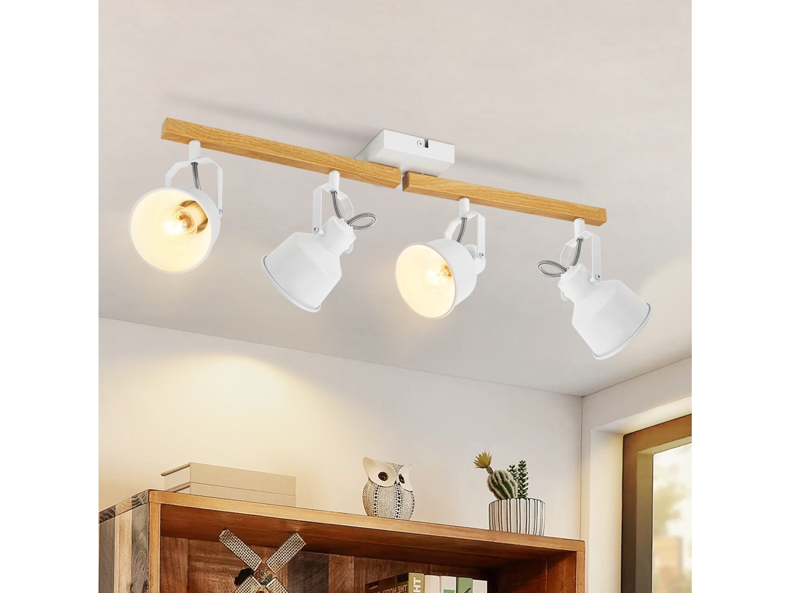 Nettlife Candeeiro De Teto Com 4 Focos Ajustáveis 350° Vintage E14 Design Madeira Para Interior, 25 W, 10 Cm, Orientáveis, Para Uso Diário