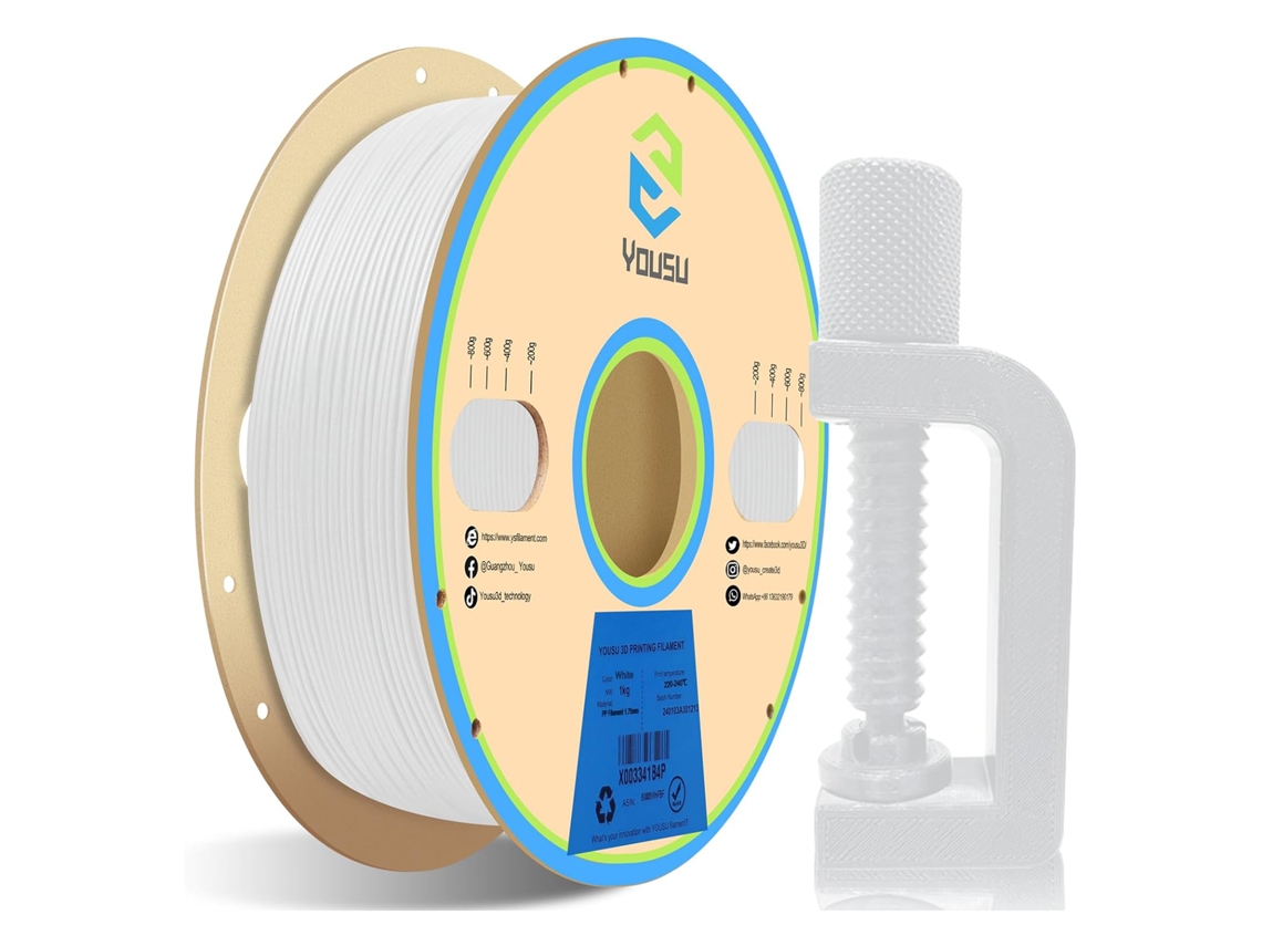 Filamento De Polipropileno Pp 1.75mm 1kg Resistente Químico Para Impresoras 3d Fdm Blanco