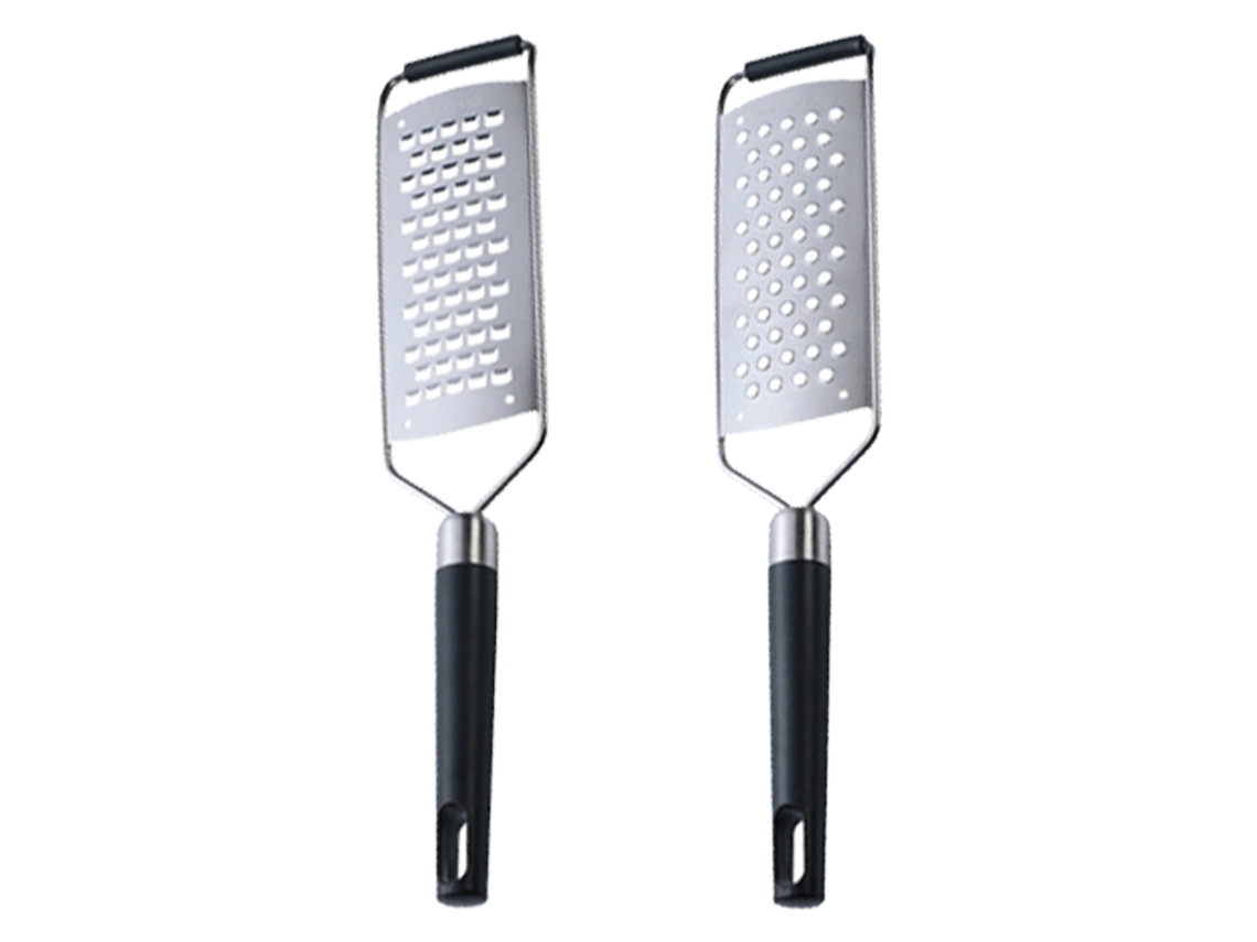 Ferramenta Ralador de Queijo Aço Inoxidável 2 Peças Cabo Preto Simples Plaina Furo Quadrado + Redondo Cozinha Ra UISAVE