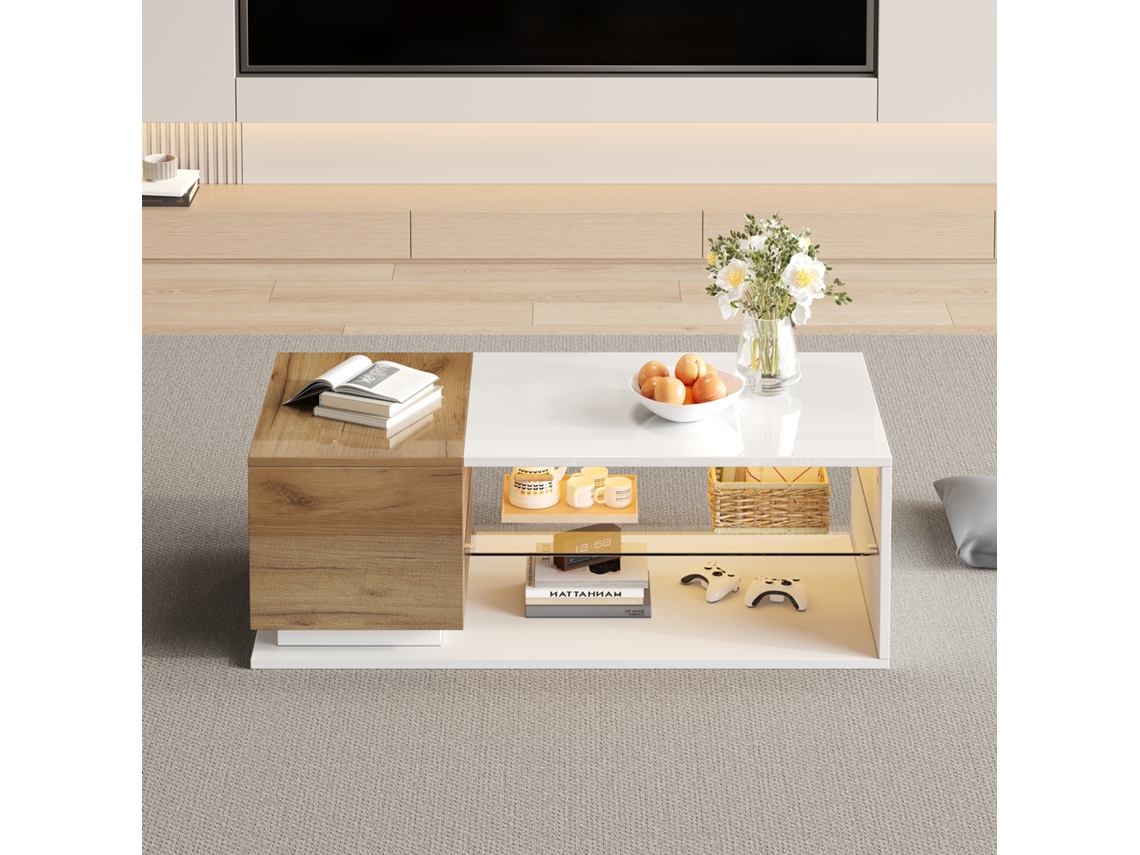 Mesa De Centro 105x50x36cm Com Faixa De Luz Led Com Arrumação Branco Natural Estilo