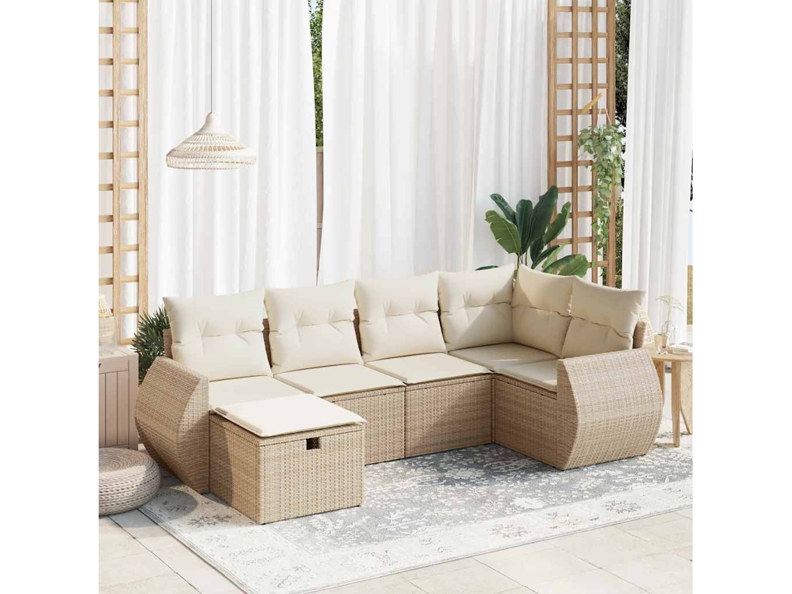 Vidaxl 6 Pcs Conjunto De Sofás P/ Jardim Com Almofadões Vime Pe Bege