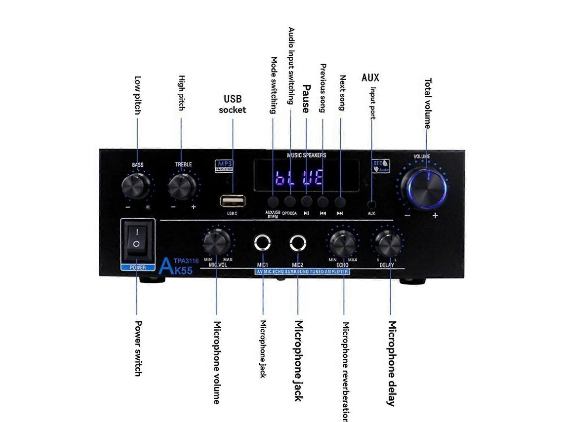 Amplificador Doméstico Ak55 900w Max 2.0 Canais Com Bluetooth, Áudio Hi-fi, Karaokê E Reprodutor De Música (ue)