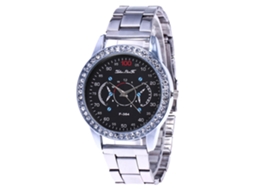 Relógio de pulso masculino elegante com strass, mecanismo de quartzo e pulseira de aço.