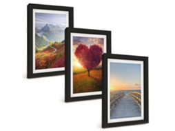 Composição De Quadros Paisagens De Montanhas, Árvore, Píer Em Forma De Coração Moldura Preta Fotos Para O Escritório Espelharte (3 Peças 20x30 Cm)