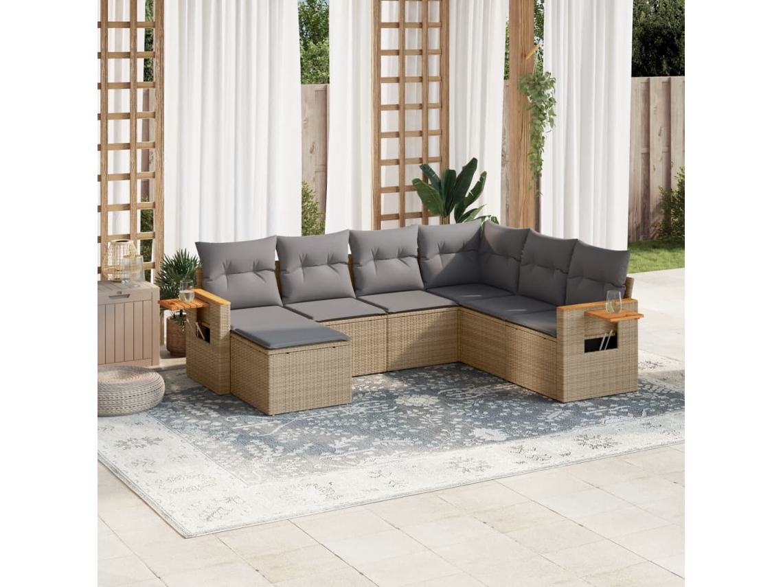 Vidaxl 7 Pcs Conjunto De Sofás P/ Jardim Com Almofadões Vime Pe Bege
