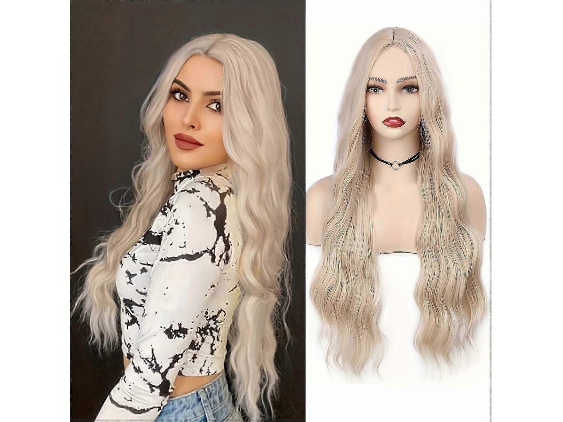Peruca Longa Loira Ondulada Sintética, Peruca Loira Platinada com Repartição Ao Meio, Peruca Loira Natural para Mulheres Brancas. TAISHENGDA