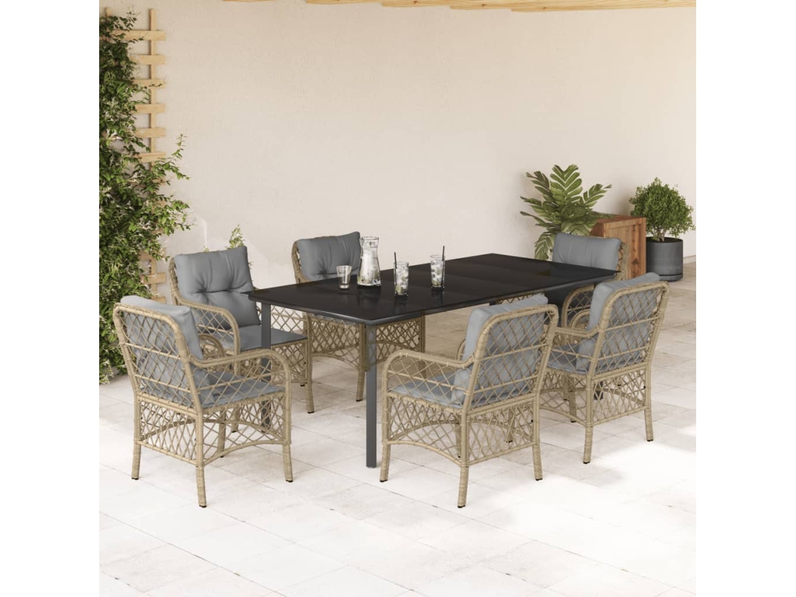 Vidaxl 7 Pcs Conj. Jantar Jardim C/ Almofadões Vime Pe Bege Misturado