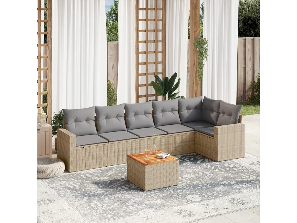 Vidaxl 7 Pcs Conjunto De Sofás P/ Jardim Com Almofadões Vime Pe Bege