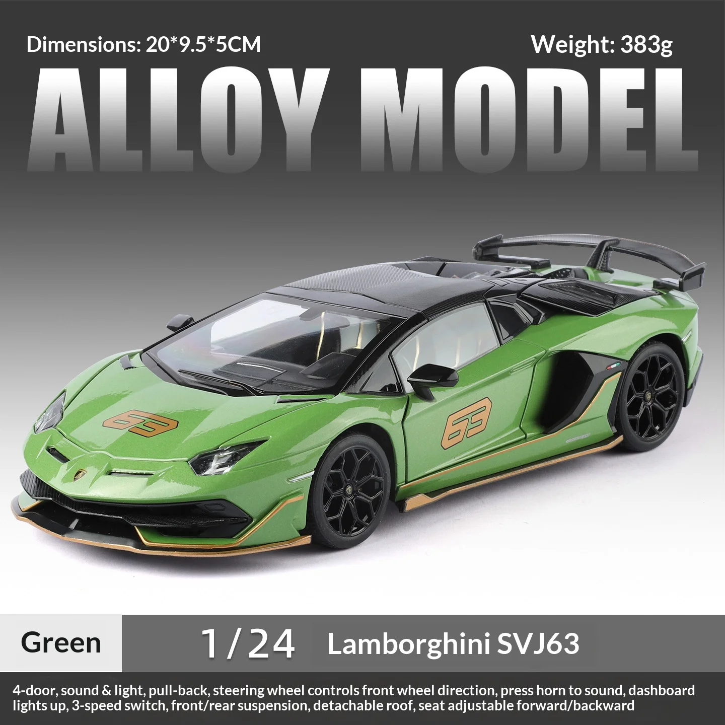 (verde) Miniatura Em Escala 1/24 Do Supercarro Lamborghini Svj63, Feita Em Metal Fundido.