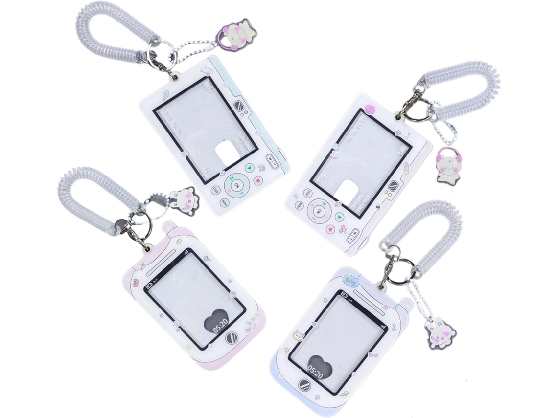 Conjunto de 4 chaveiros com photocards, design de câmera de celular, camadas protetoras de acrílico com cordão.