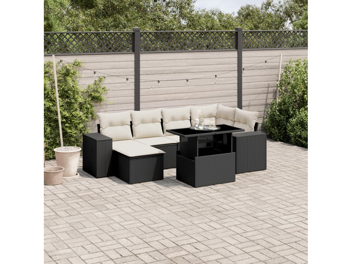 Vidaxl 7 Pcs Conjunto De Sofás P/ Jardim C/ Almofadões Vime Pe Preto