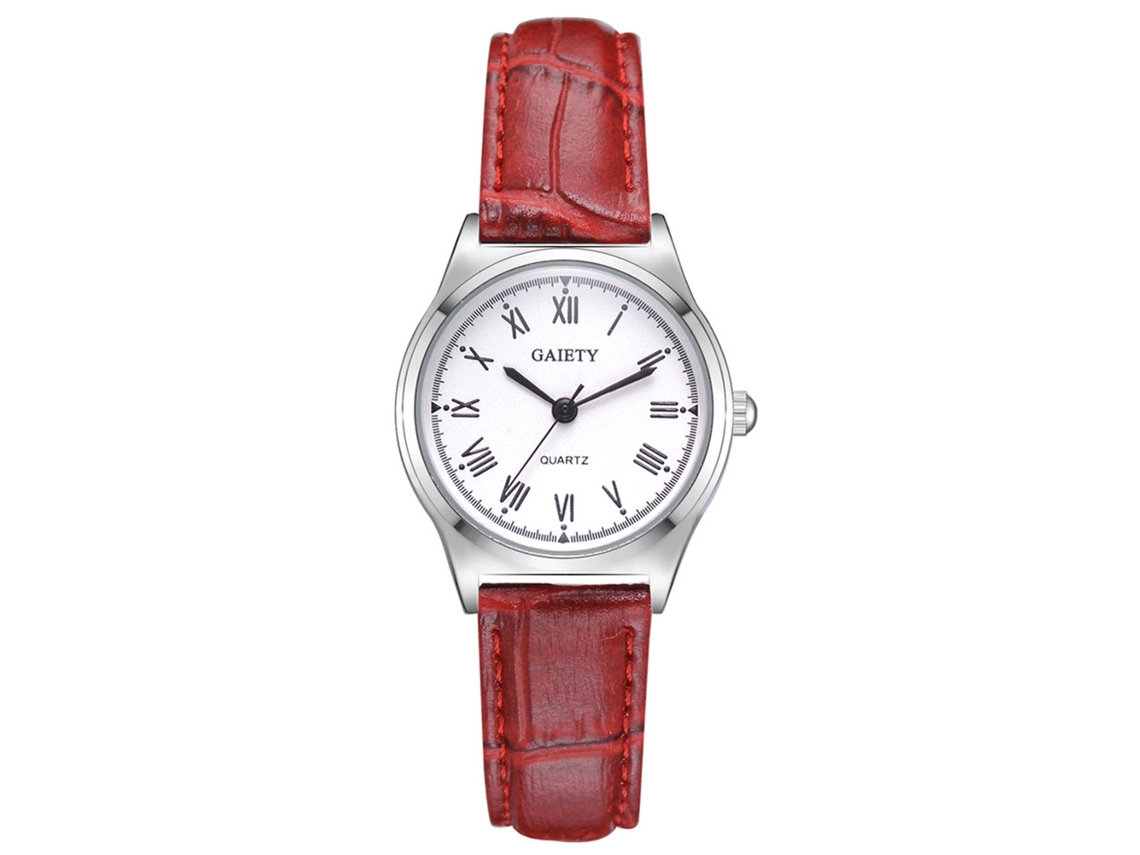 Relógio de Pulso Feminino Simples de Quartzo com Pulseira de Couro Pu Vermelho Gaiety