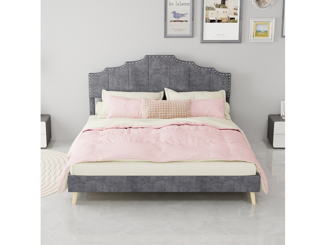 Cama Estofada Moderna 160x200 Cm Cinza Com Cabeceira Macia, Base Baixa Multifuncional E Design Contemporâneo