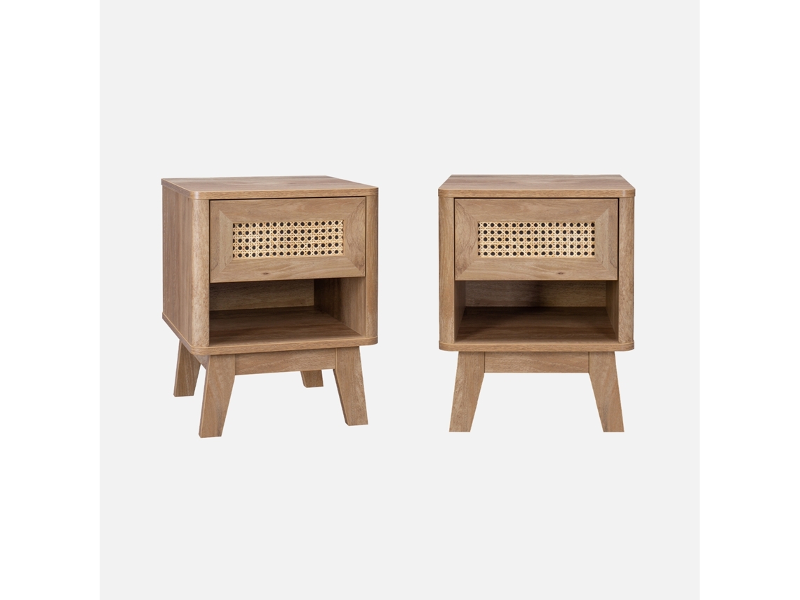 Mesa de Cabeceira em Madeira e Efeito Cana com Gaveta e Nicho Set de 2 Natural SWEEEK
