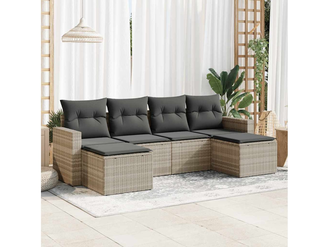 Vidaxl 6 Pcs Conj. Sofás Jardim Com Almofadões Vime Pe Cinzento-claro