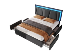 Cama de Casal Estofada 160x200cm com Led,4 Gavetas e Cabeceira Ajustável,estrutura de Madeira Cinza PAPRIKA (colchão Não Incluído)