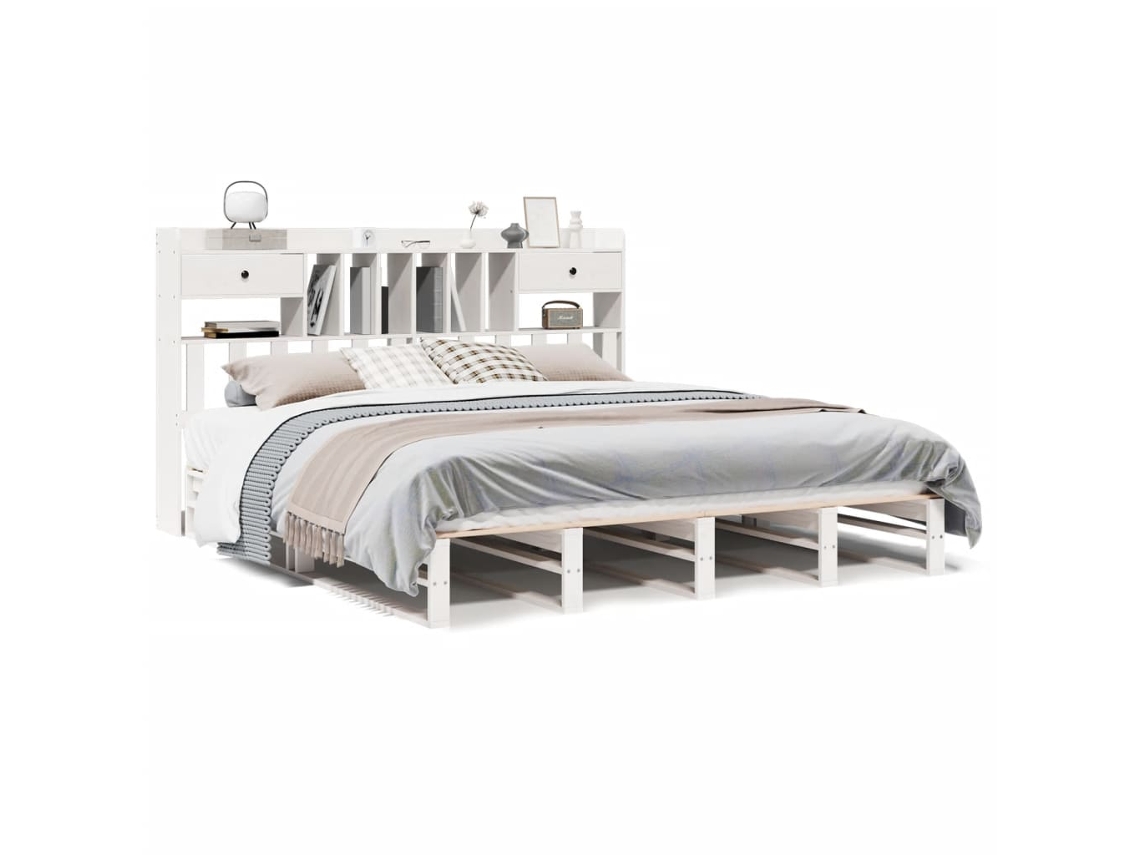 Cama com Estante Pinho Maciço Branco MAISON EXCLUSIVE (180x200 cm)