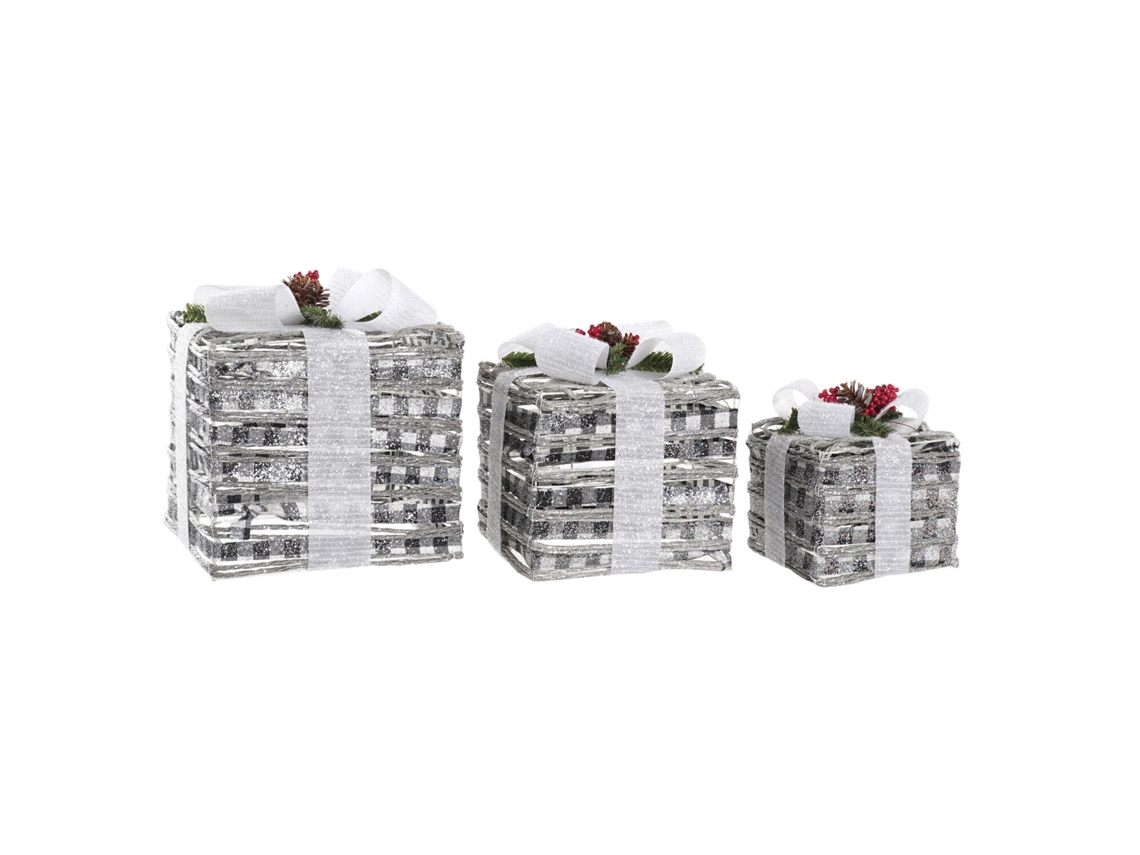 Conjunto de 3 Luminárias de Presente em Rattan com Led, 3 Pilhas Aa, Branco Neve, 25x25x29cm ALEXANDRA HOUSE LIVING