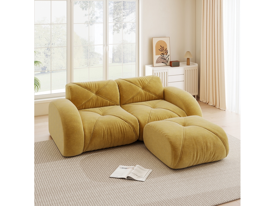 Sofá Modular 2l Amarelo Chenille Com Pufe, Espuma 32d, Resistente A Animais, Antiderrapante E Tecido Macio