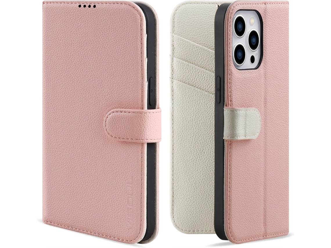Estojo De Pele Para Iphone 15 Pro Max, Rosa, Textura De Lichia, Fecho Lateral, Estilo Carteira, Capa Flip