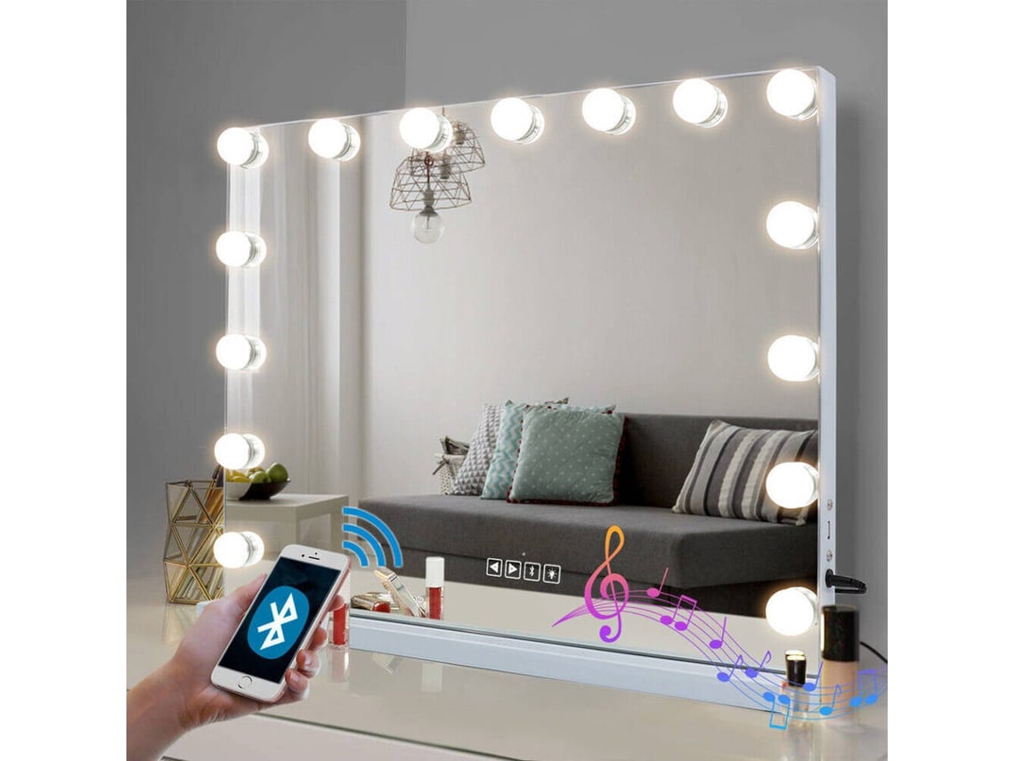 Espelho de Maquilhagem Hollywood com Luzes e Bluetooth FENCHILIN 15-Led  Mesa-Parede (58x46 cm)