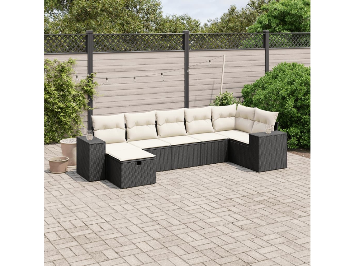 Vidaxl 7 Pcs Conjunto De Sofás P/ Jardim C/ Almofadões Vime Pe Preto