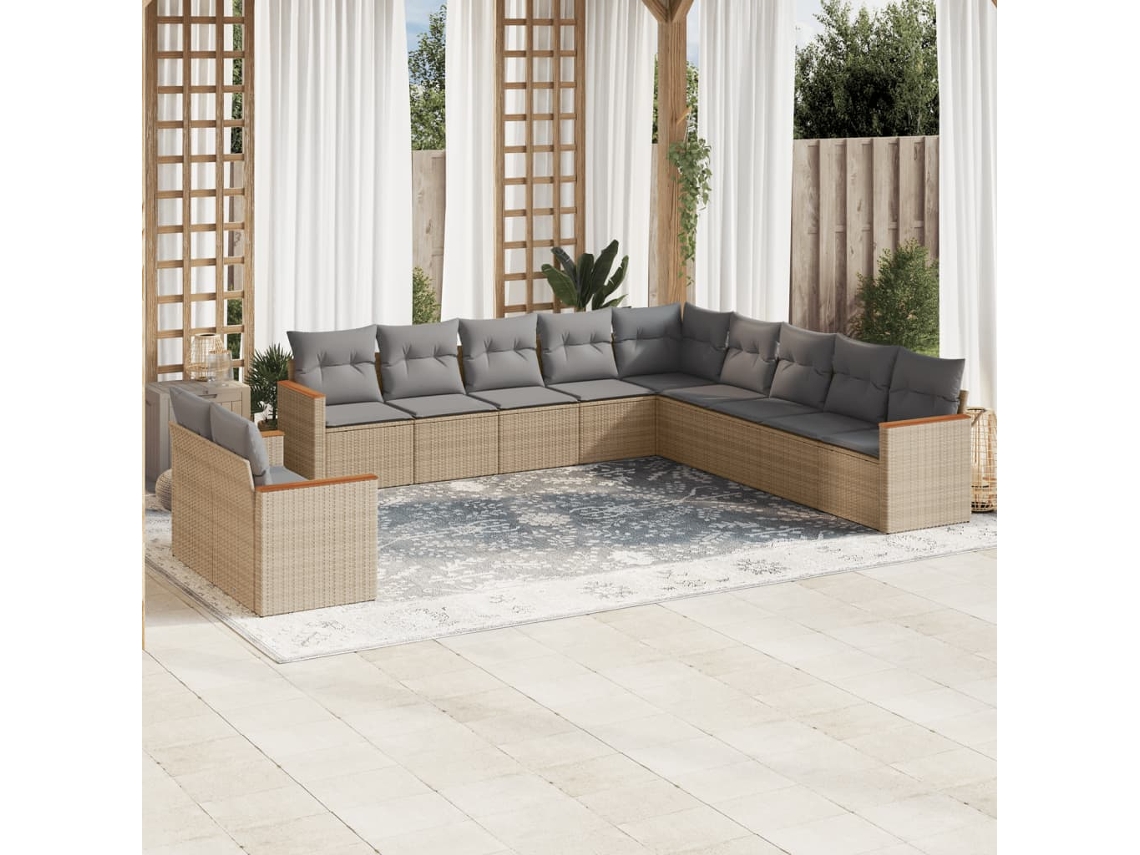 Vidaxl 11 Pcs Conj. Sofás Jardim C/ Almofadões Vime Pe Bege Misturado