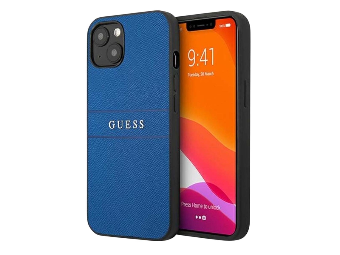 Guess Capa Para Iphone 13 Mini Efeito Saffiano Com Logotipo Metálico Azul
