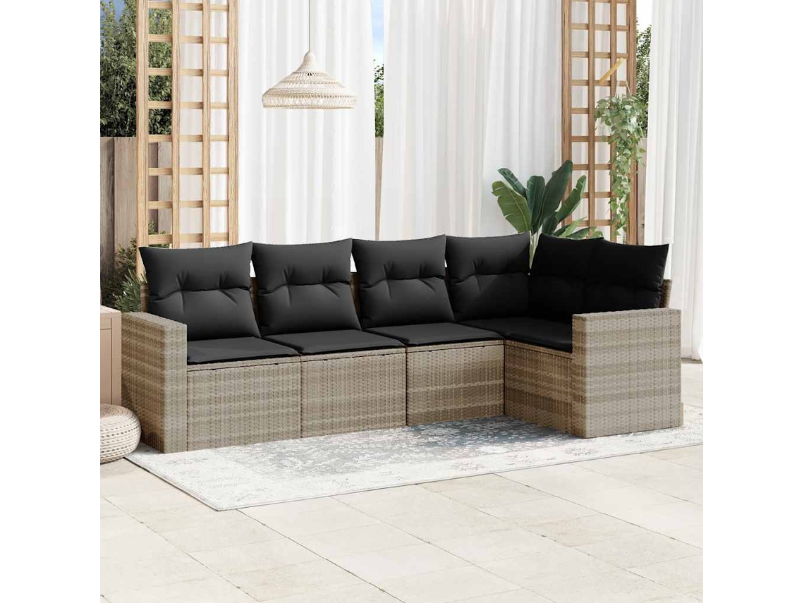 Vidaxl 5 Pcs Conj. Sofás Jardim C/ Almofadões Vime Pe Cinzento-claro