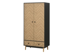 Armário Com 2 Portas Em Madeira, 4 Prateleiras, 2 Gavetas E Barra, Cinza Escuro, 90x50x190 Cm