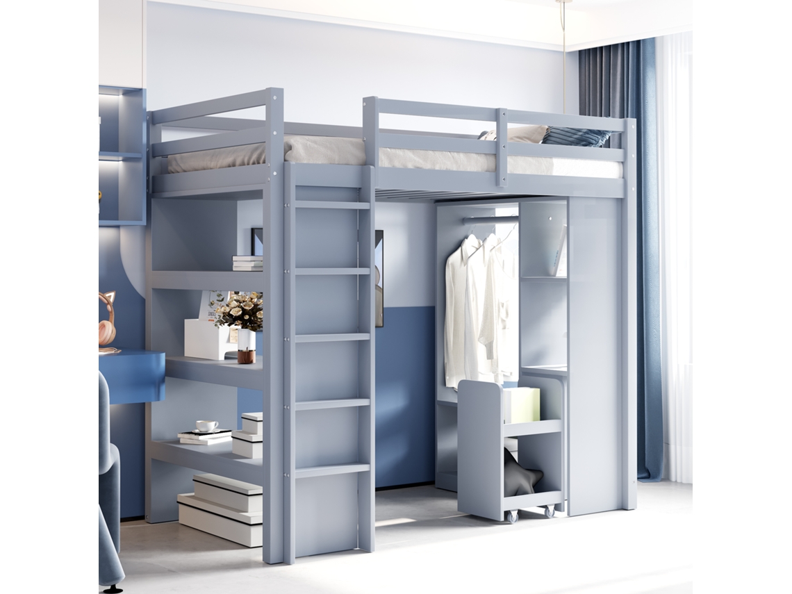 Cama Alta Infantil Cinza 90x200 Cm, Guarda-roupa, Prateleiras, Carrinho