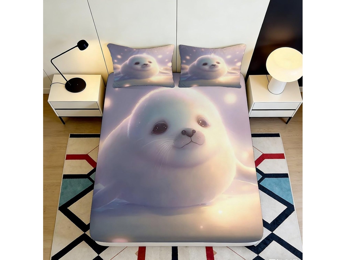 Conjunto de Cama com Estampa 3d Foca Bebê em Microfibra Fronha 200x200cm