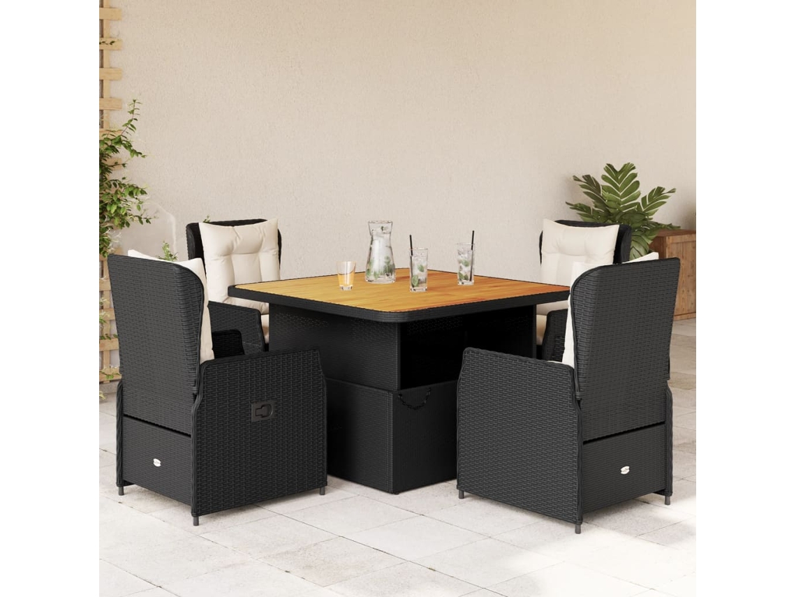 Vidaxl 5 Pcs Conjunto De Jantar P/ Jardim C/ Almofadões Vime Pe Preto
