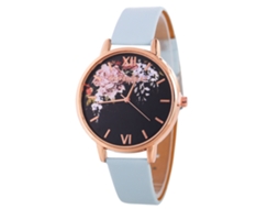 Relógio de Pulso Feminino com Padrão Floral e Pulseira de Couro Estilo Moderno Azul Claro