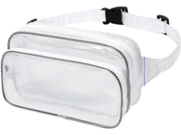 Cinto de cintura expansível e ajustável em PVC transparente com compartimentos antiestáticos para caminhadas e acessórios.