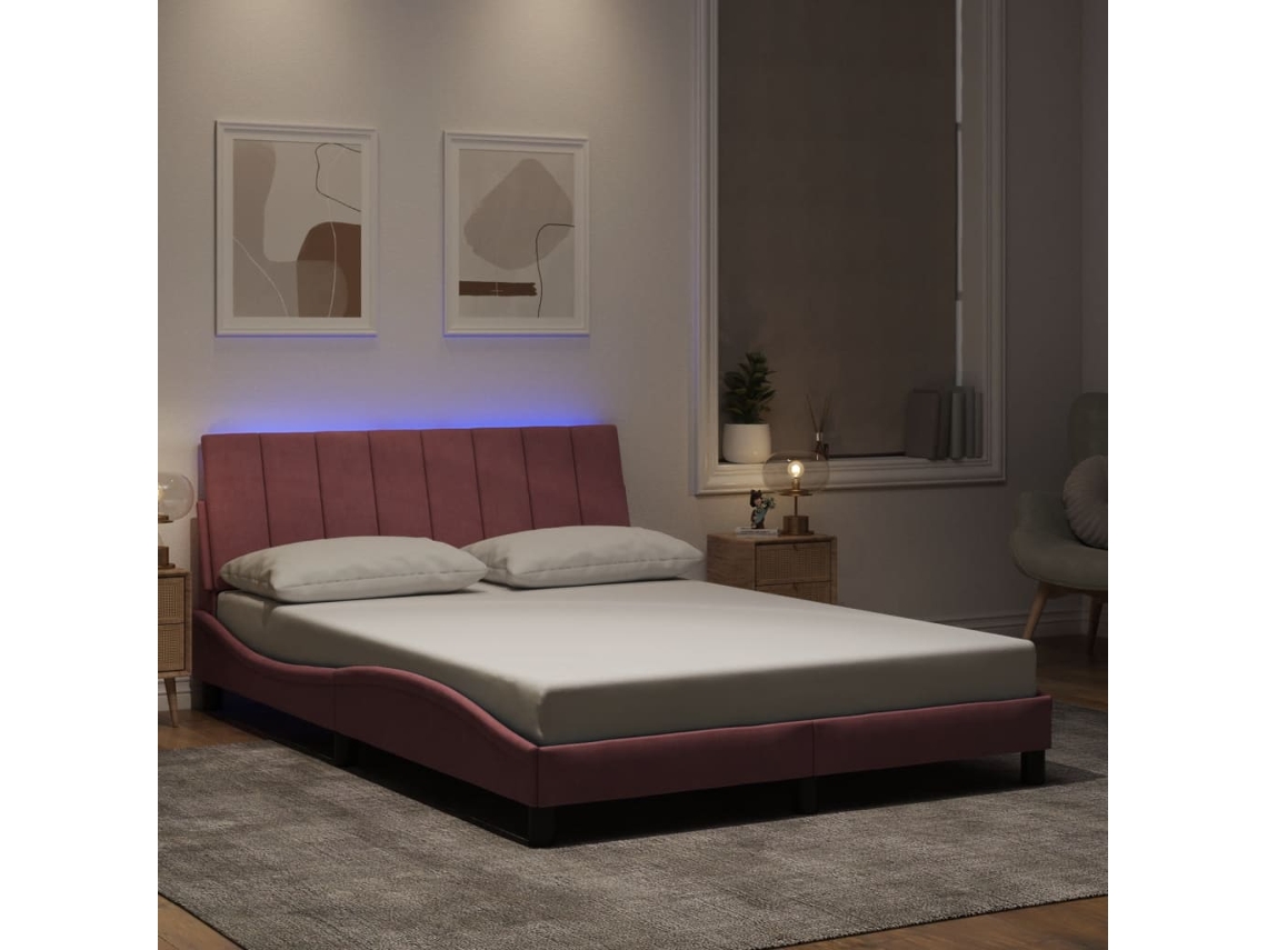 Vidaxl Estrutura De Cama Com Led Sem Colchão Hanko 120x200 Cm Veludo Rosa