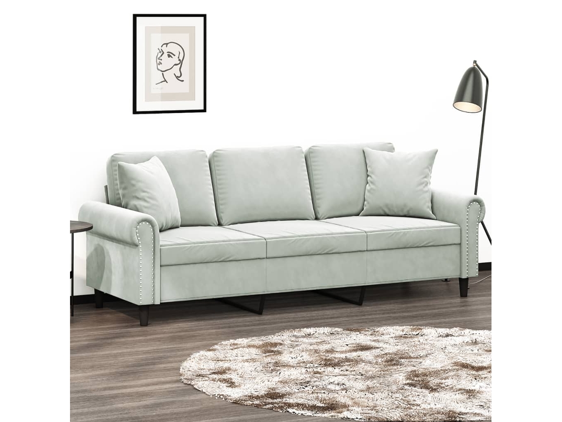 Vidaxl Sofá 3 Lugares + Almofadas Decorativas 180cm Veludo Cinza-claro
