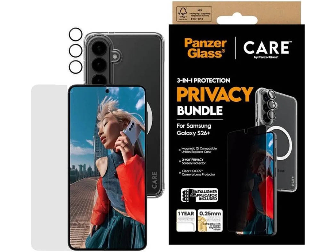 Bundle Premium Privacy PANZERGLASS Care 3 em 1 para Galaxy S26+