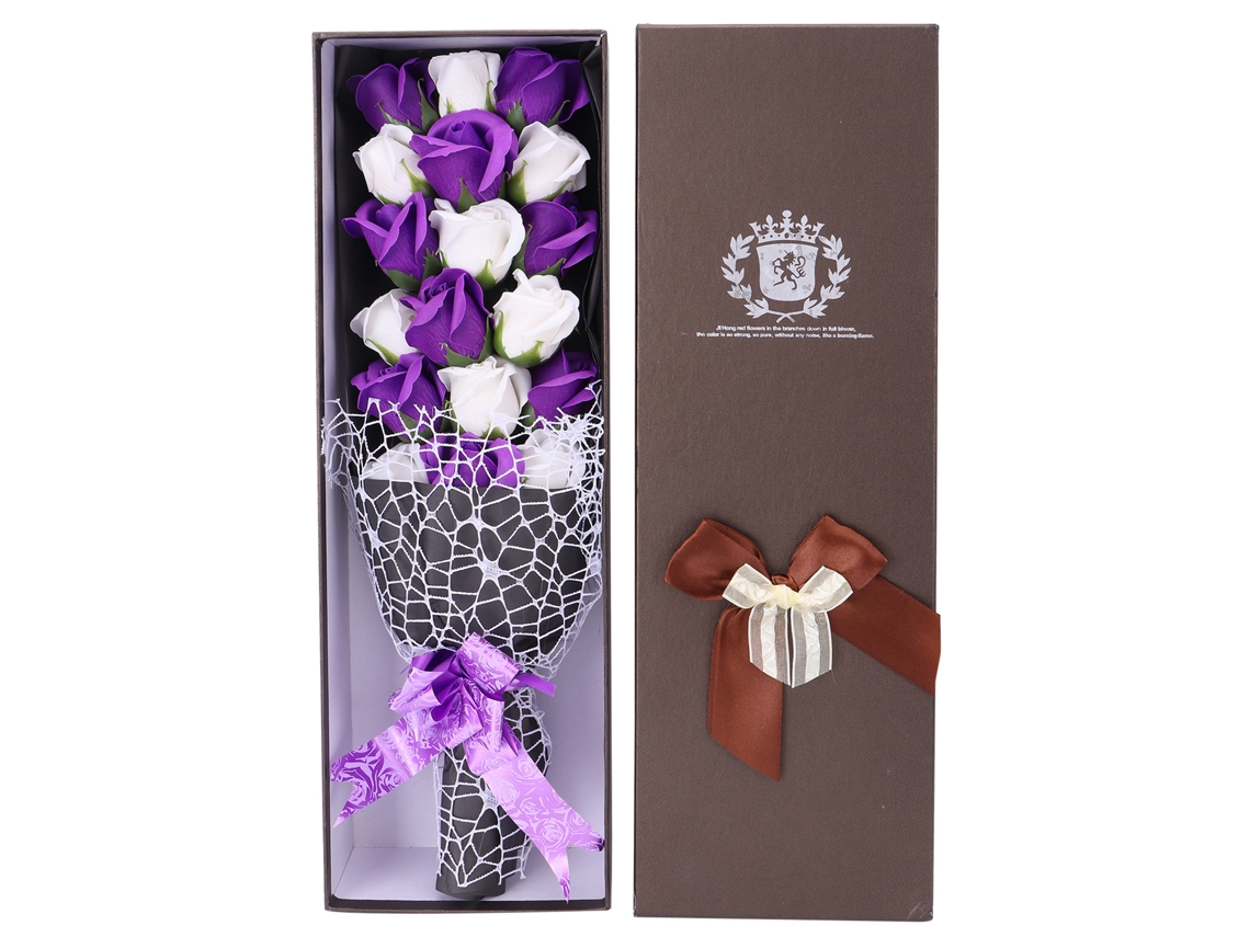 Buquê de Rosas Artificiais de Sabão Inovador Presente para Casamento Dia Dos Namorados Festas (caixa Roxa e Branca)