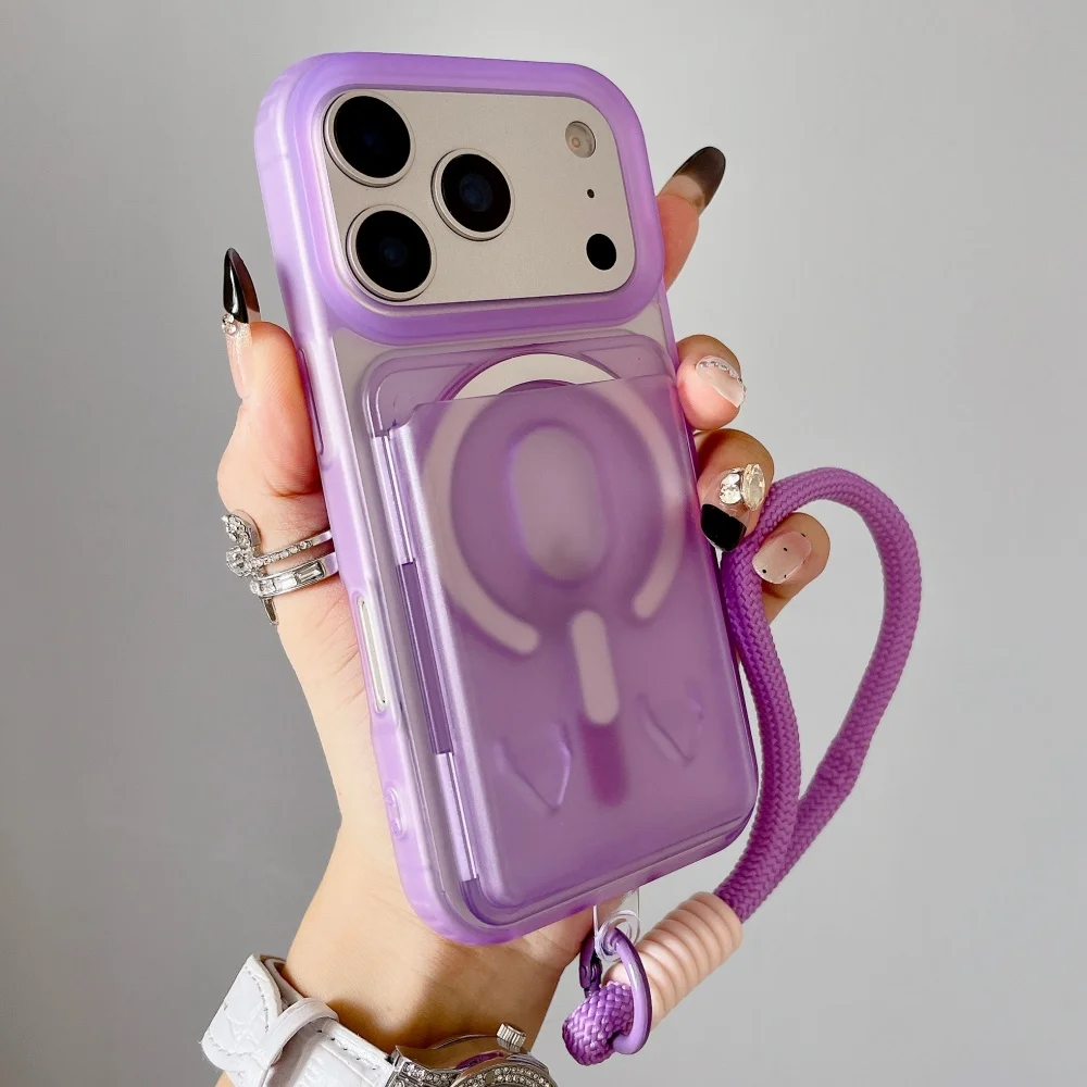 Capa Para Iphone 13 Pro Roxa Com Compartimento Magnético Para Cartões E Cordão De Cobertura Total.