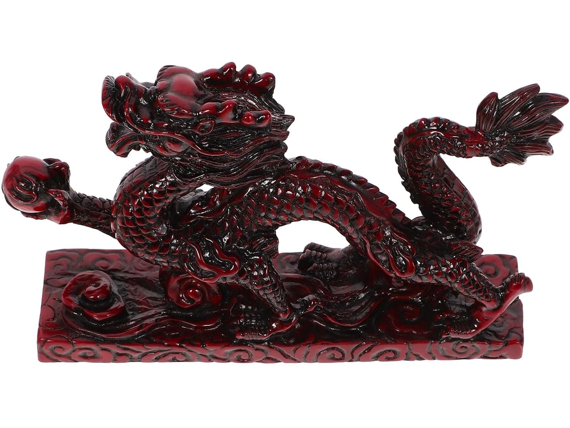 Estátua Miniatura Dragão Chinês Vermelho Resina Compacta Decorativa Elegante Ornamento Artístico Retrô GOKOCO