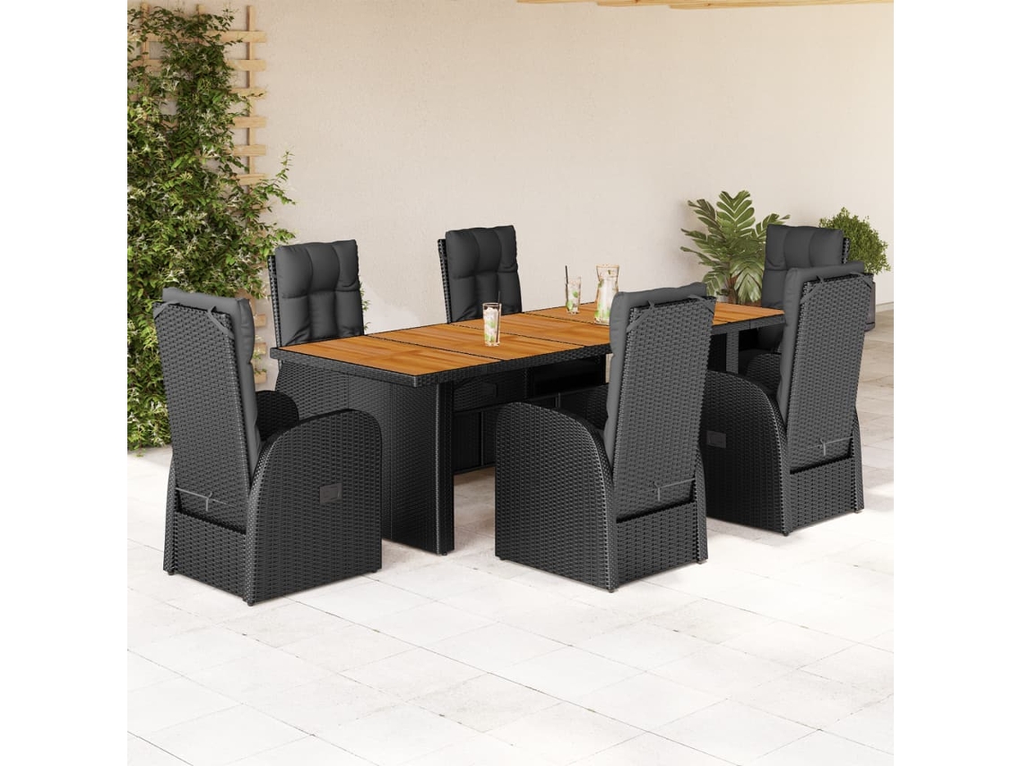7 Pcs Conjunto De Jantar P/ Jardim C/ Almofadões Vime Pe Preto Dkd Home Decor