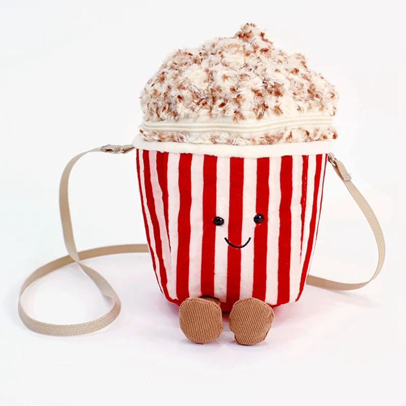 Bolsa Transversal de Pelúcia Divertida e Fofa com Tema de Comida, Macia e Macia. MDUG (pipoca, 19 Cm)